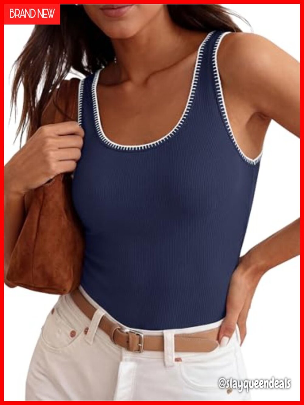 Ribbed Knit Sleeveless Tank Top Contrast Stitch Scoop Neck Women's